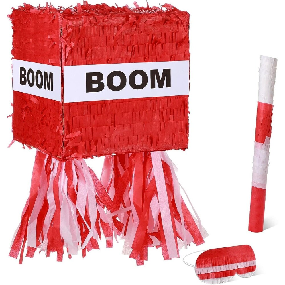 Small Red Boom Pinata w/ Blindfold & Stick Small Cube Shape Pinata 7"x7"x7"